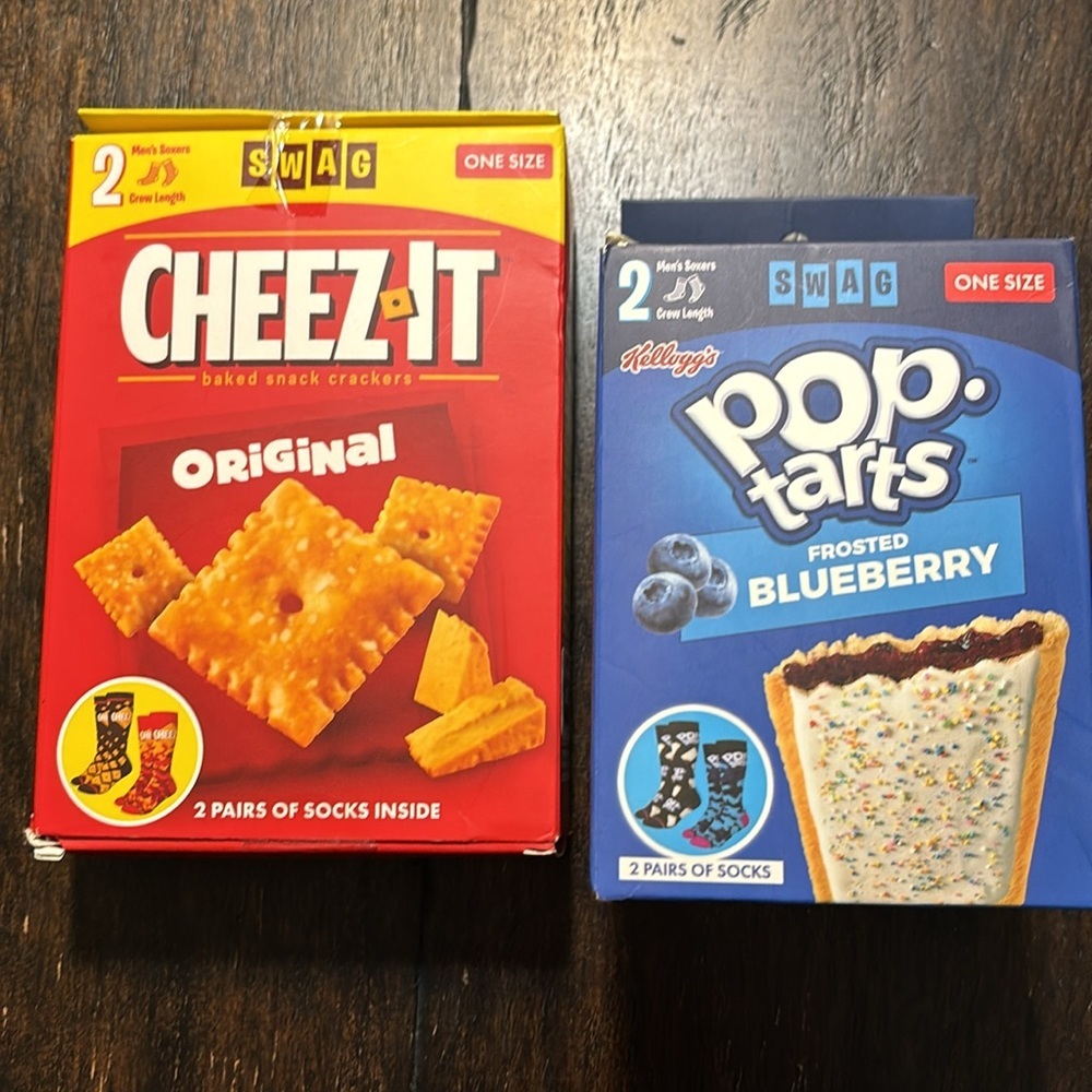 Two Boxes of Men’s Novelty Crew-Length Socks. “Cheez-It” & Blueberry Pop Tart” - Picture 1 of 9